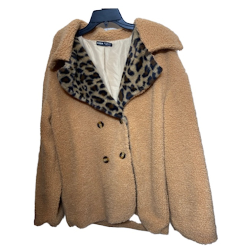 Shein Tan/Leopard Print Double Button Teddy Coat.… - image 6